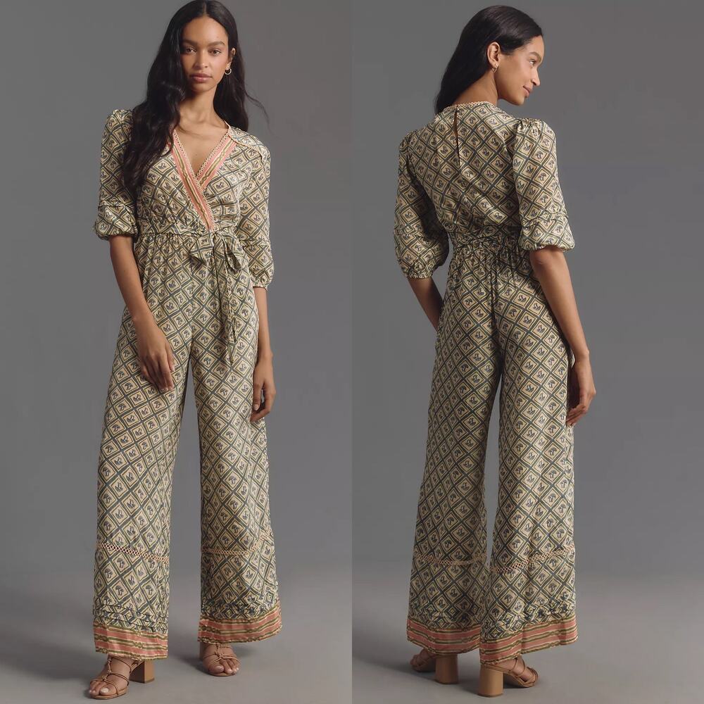 NWT Anthropologie Farm Rio V Neck Sheer Mushroom Print Wide Leg Jumpsuit Medium